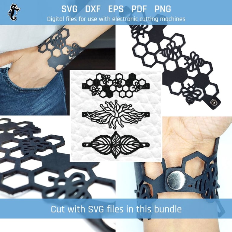 3 bumblebee bracelet SVG cut file designs featuring a bumblebee honeycomb design, a leaf design, and a sea anemone design.